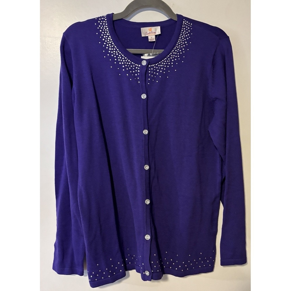 Quacker Factory Purple Rhinestone Button Front Sweater NWT Size Small Sparkle